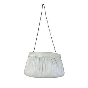 Vintage White Leather Clutch Purse With Chain Strap & Kiss Lock Closure